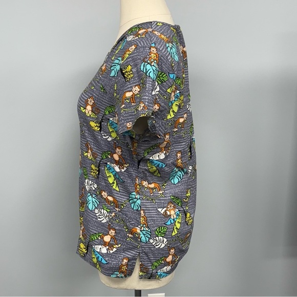 Scrubstar Scrub Top XL Grey Cartoon Monkey Jungle Scrubs Uniform Nurse Cotton - Picture 4 of 5